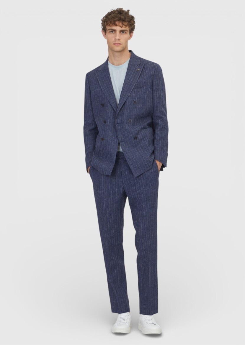 Navy Blue Striped Zeroweight Slim Fit Cotton Blended Suit - RAMSEY