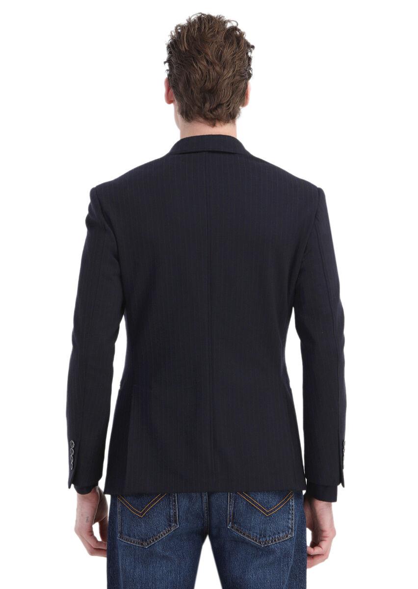Navy Blue Striped Zeroweight Slim Fit Jacket - 7