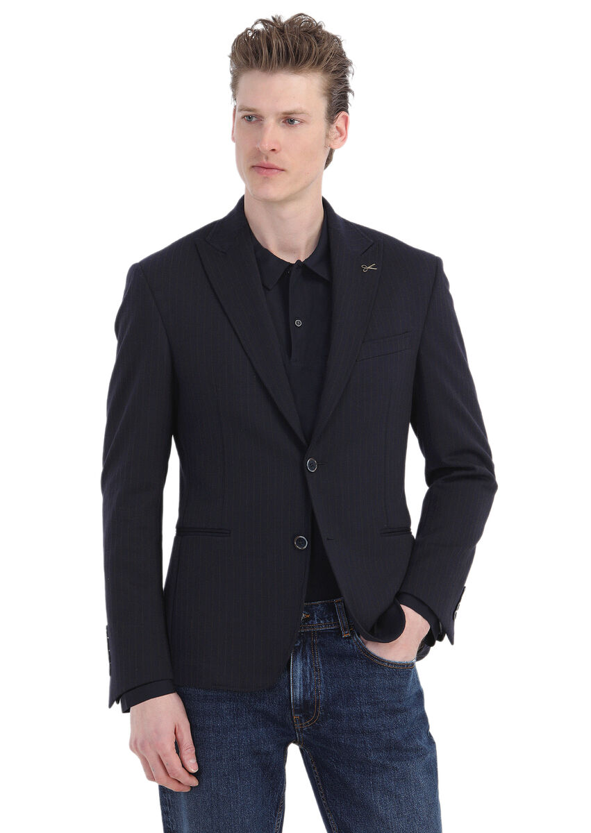 Navy Blue Striped Zeroweight Slim Fit Jacket - 1