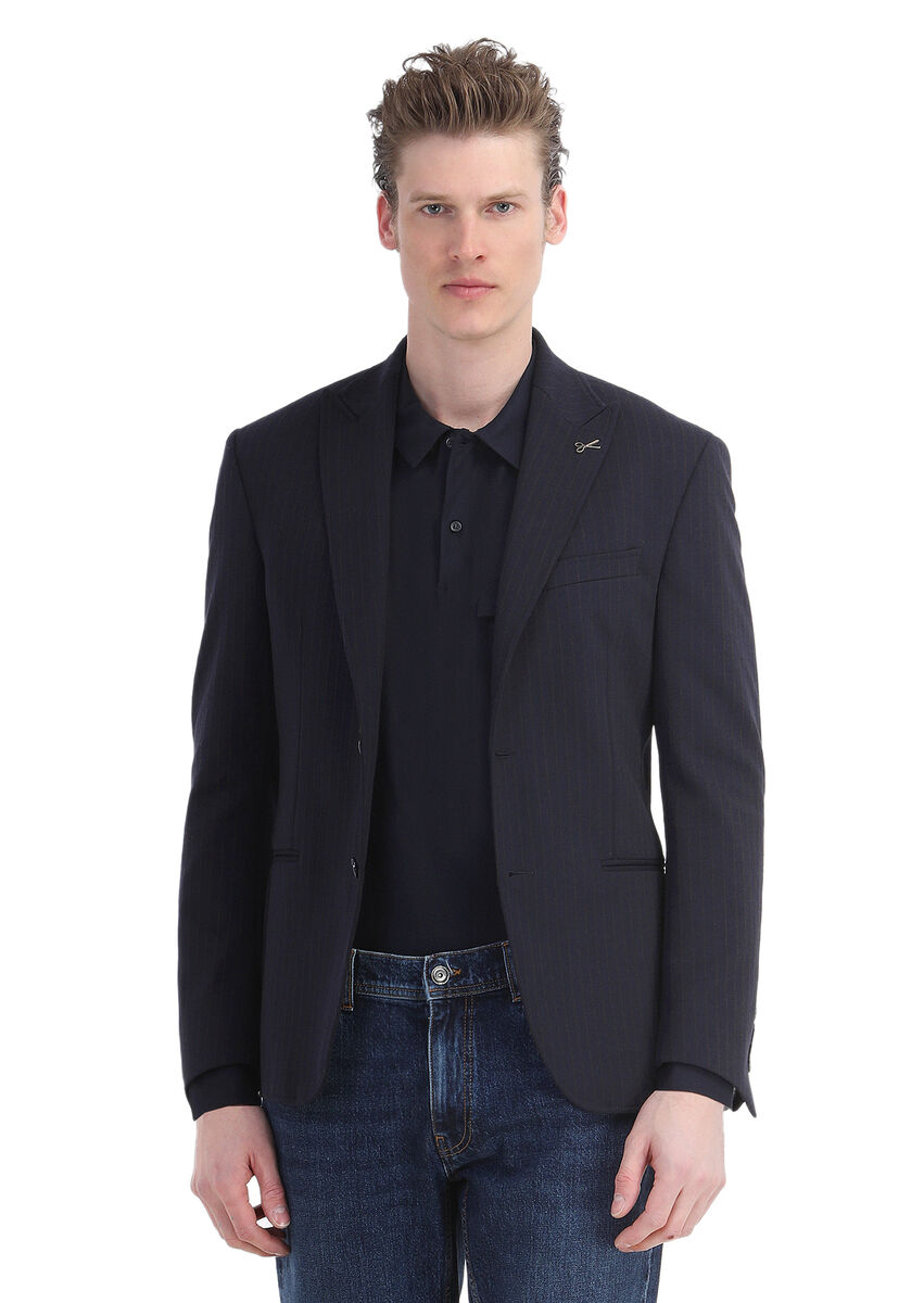 Navy Blue Striped Zeroweight Slim Fit Jacket - 3