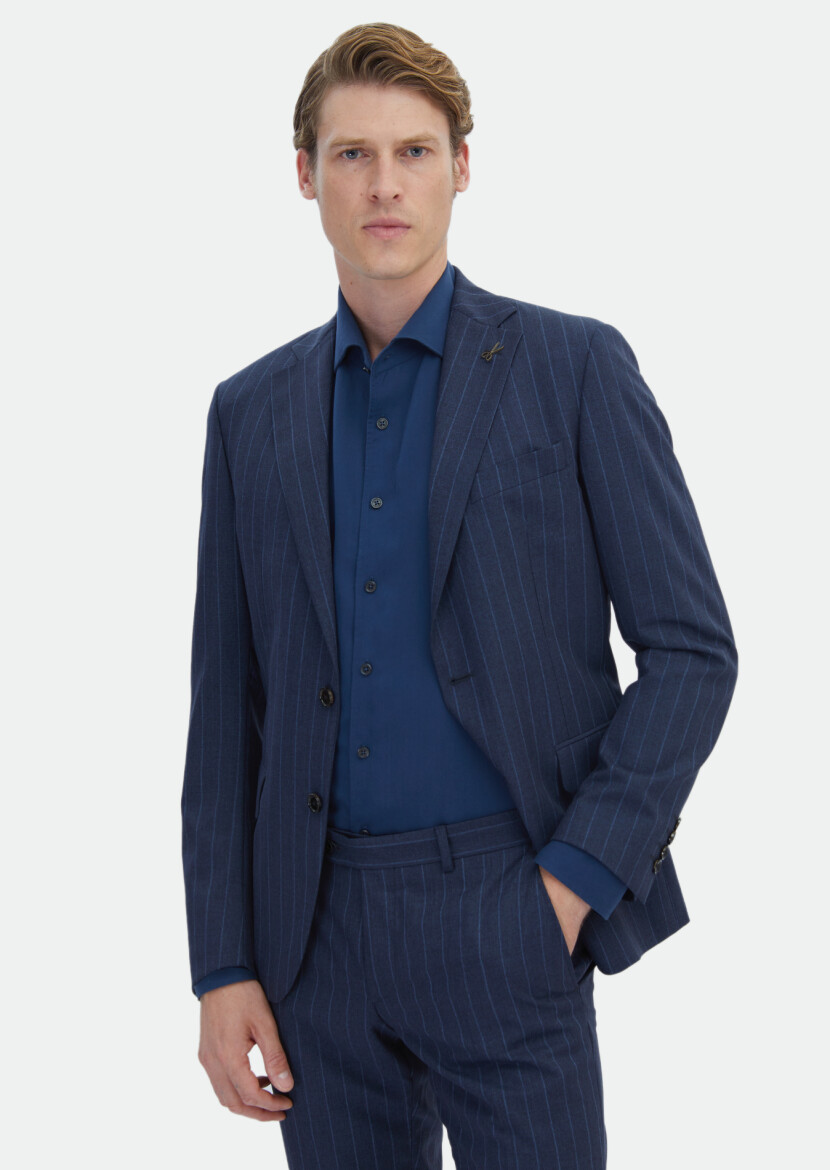 Navy Blue Striped Zeroweight Slim Fit Silk Blended Suit - 1