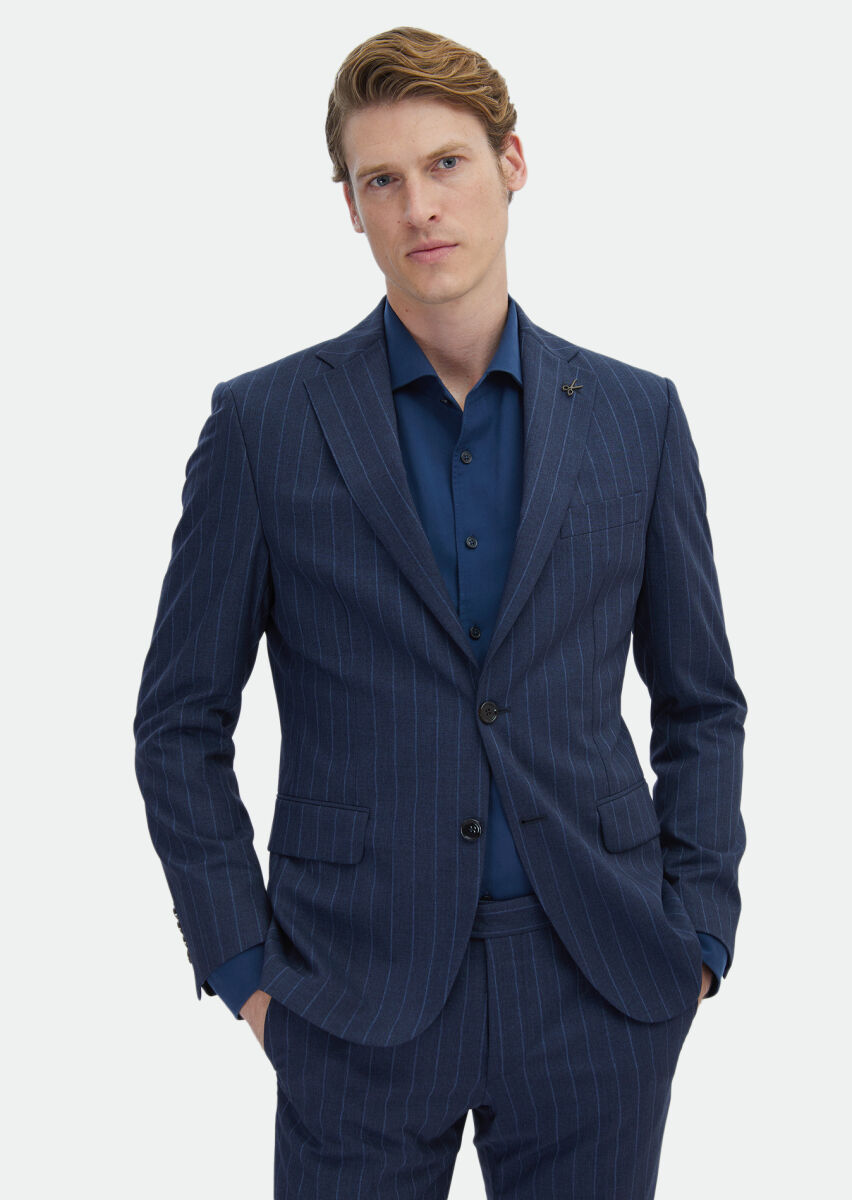 Navy Blue Striped Zeroweight Slim Fit Silk Blended Suit - 2