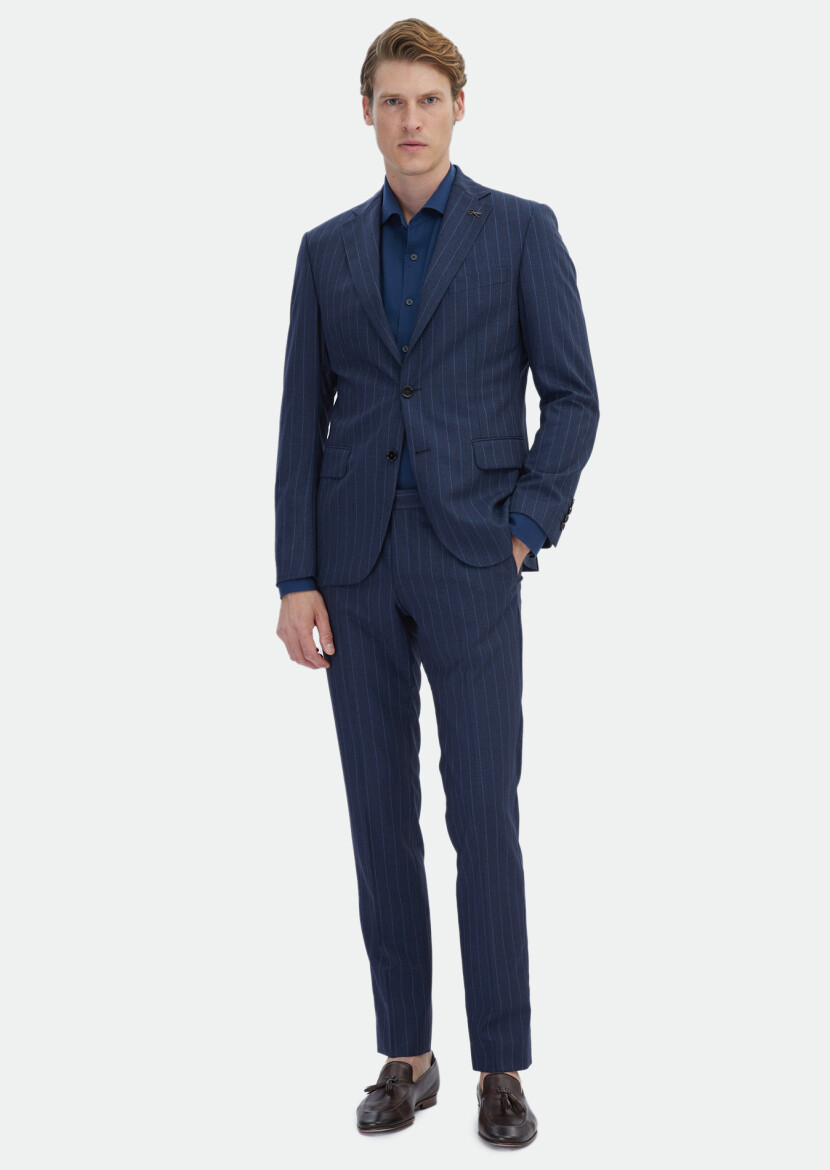 Navy Blue Striped Zeroweight Slim Fit Silk Blended Suit - 3