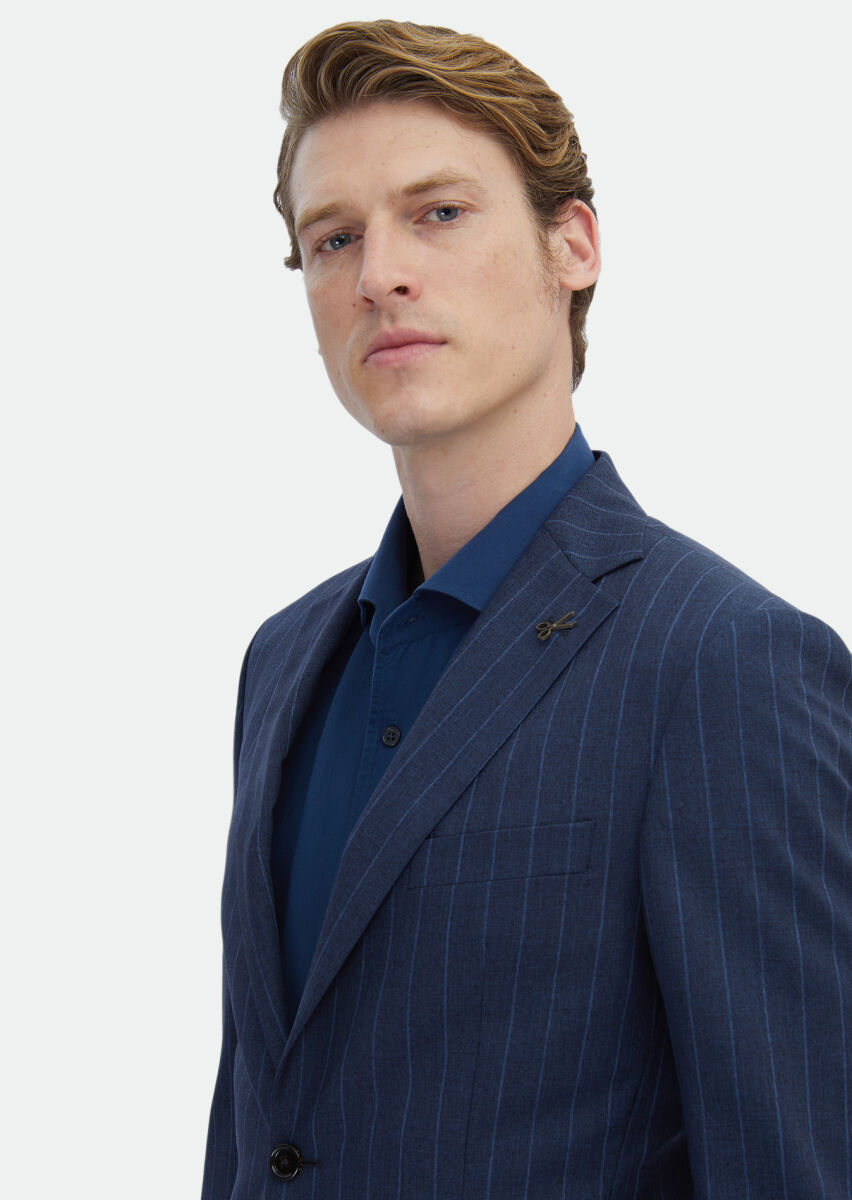 Navy Blue Striped Zeroweight Slim Fit Silk Blended Suit - 5