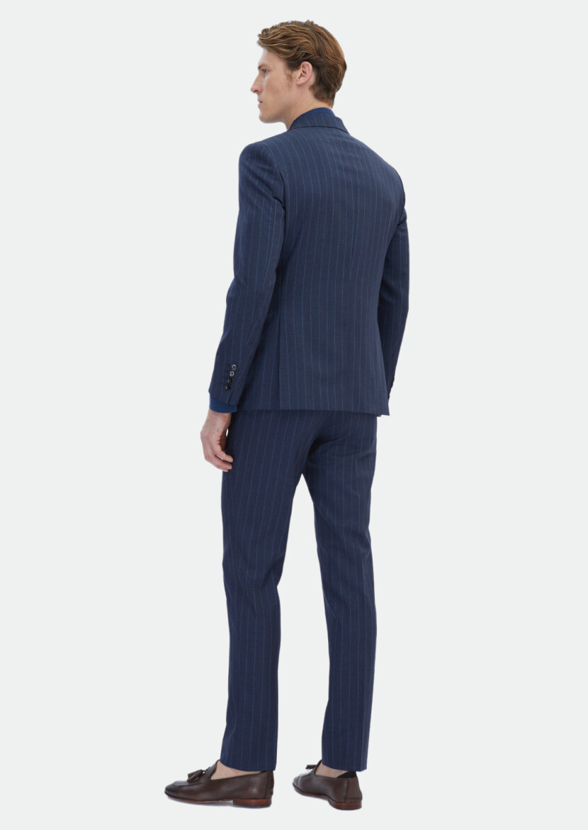 Navy Blue Striped Zeroweight Slim Fit Silk Blended Suit - 7