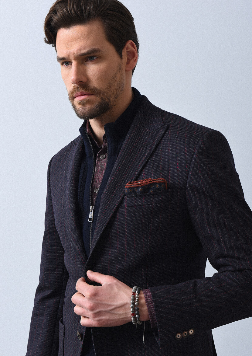 Navy Blue Striped Zeroweight Slim Fit Wool Blended Jacket - 1