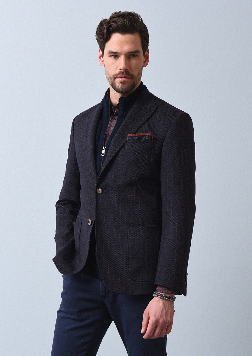 Navy Blue Striped Zeroweight Slim Fit Wool Blended Jacket - 3