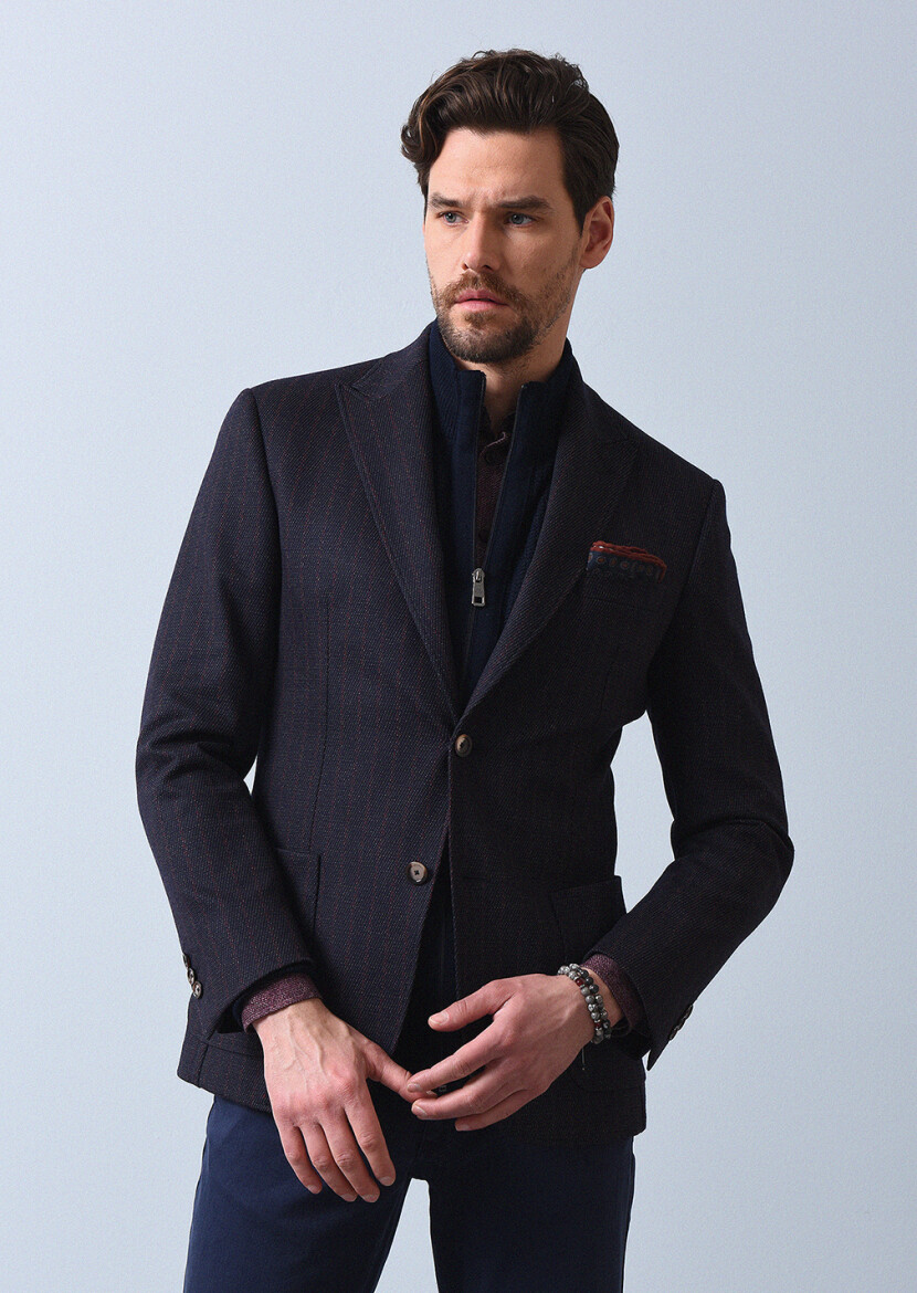 Navy Blue Striped Zeroweight Slim Fit Wool Blended Jacket - 4