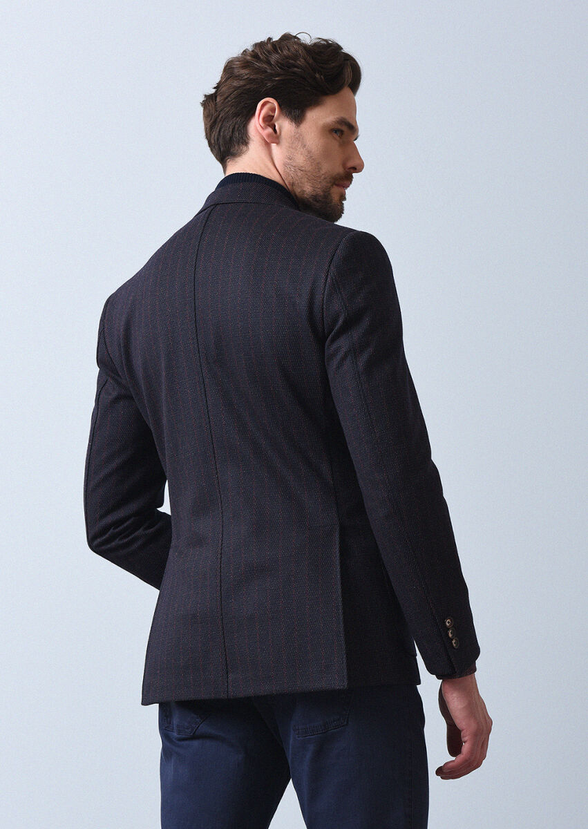 Navy Blue Striped Zeroweight Slim Fit Wool Blended Jacket - 5