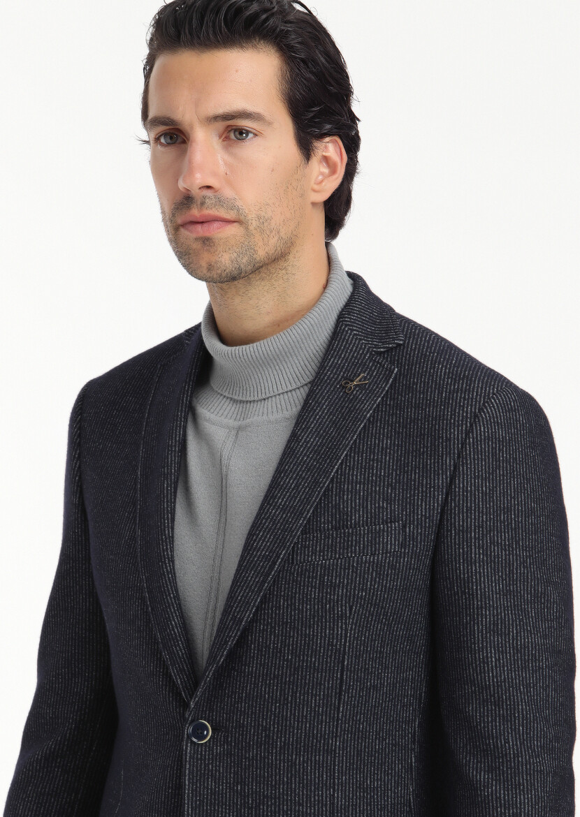 Navy Blue Striped Zeroweight Slim Fit Wool Blended Jacket - 3