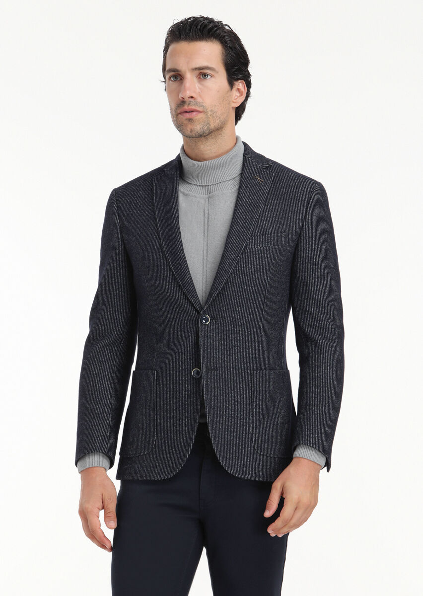 Navy Blue Striped Zeroweight Slim Fit Wool Blended Jacket - 5