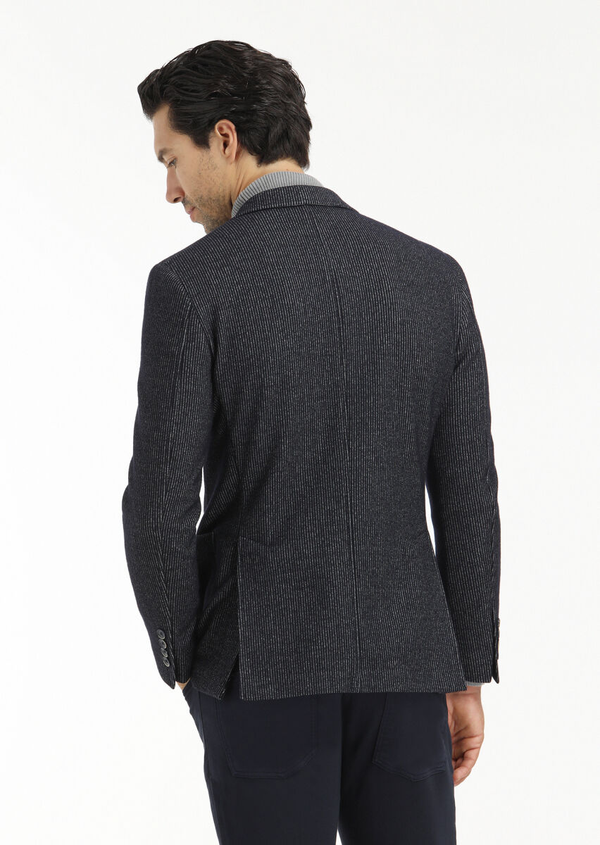 Navy Blue Striped Zeroweight Slim Fit Wool Blended Jacket - 6