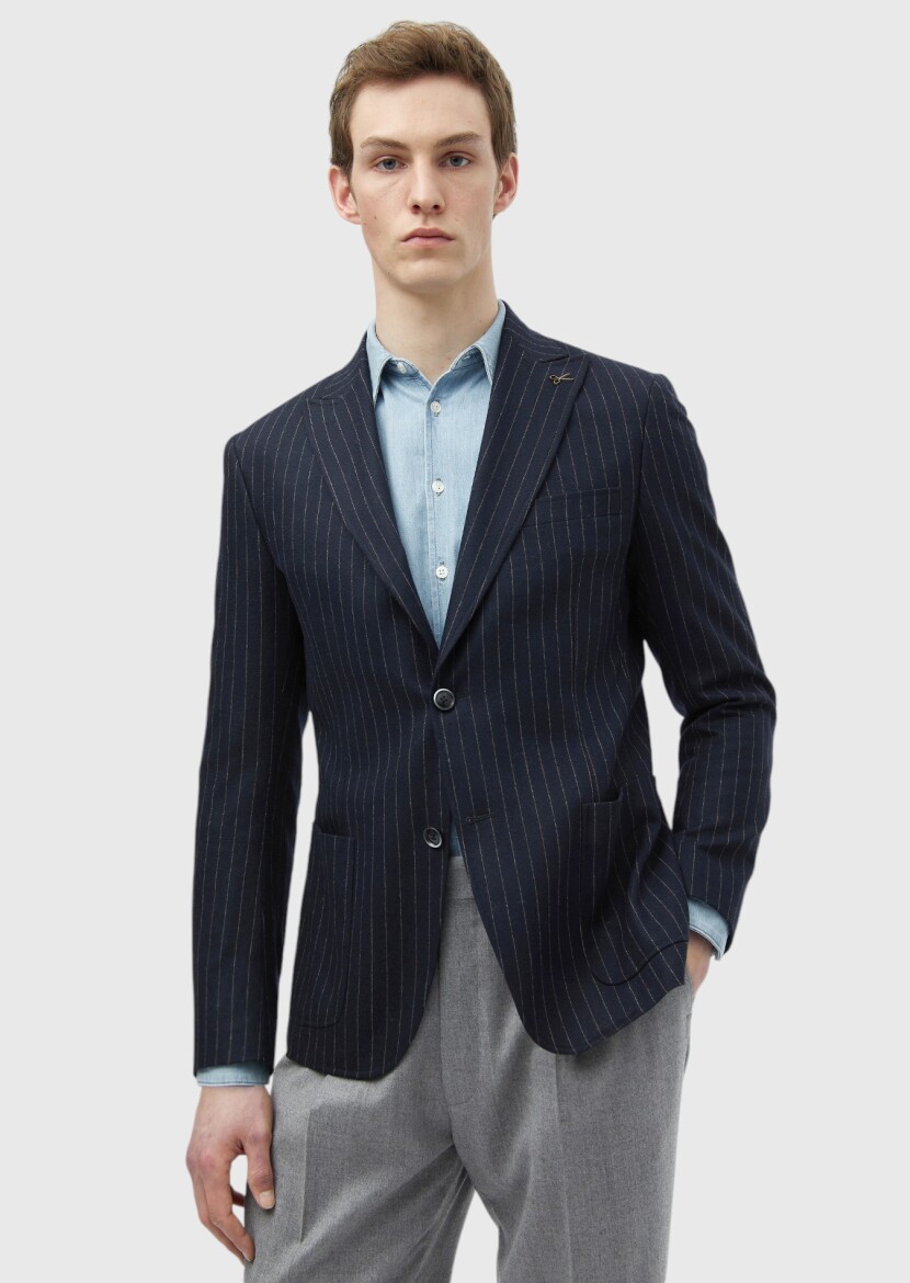 Navy Blue Striped Zeroweight Slim Fit Wool Blended Jacket - 1