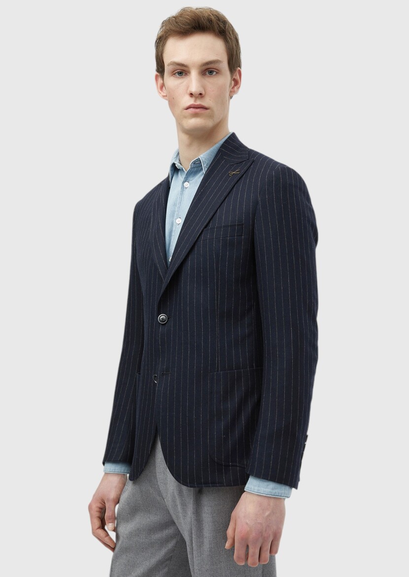 Navy Blue Striped Zeroweight Slim Fit Wool Blended Jacket - 3