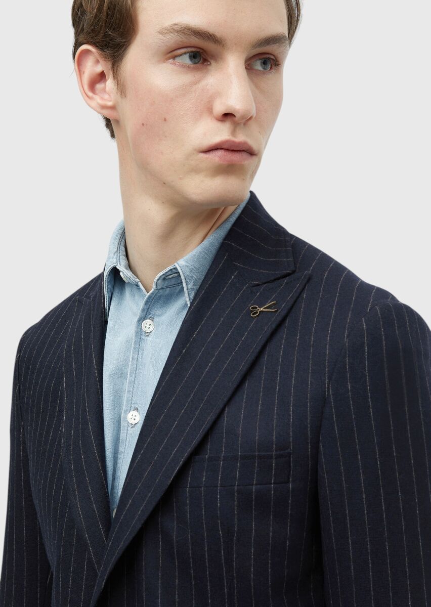 Navy Blue Striped Zeroweight Slim Fit Wool Blended Jacket - 5