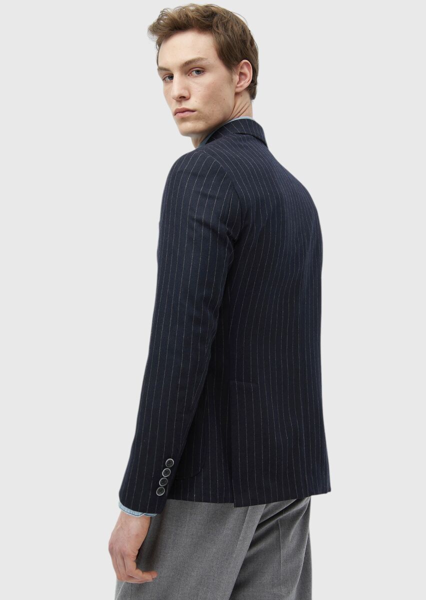 Navy Blue Striped Zeroweight Slim Fit Wool Blended Jacket - 6