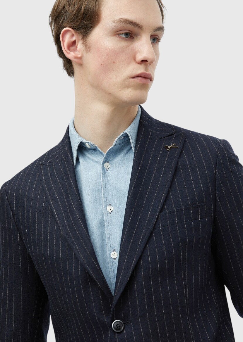 Navy Blue Striped Zeroweight Slim Fit Wool Blended Jacket - 4