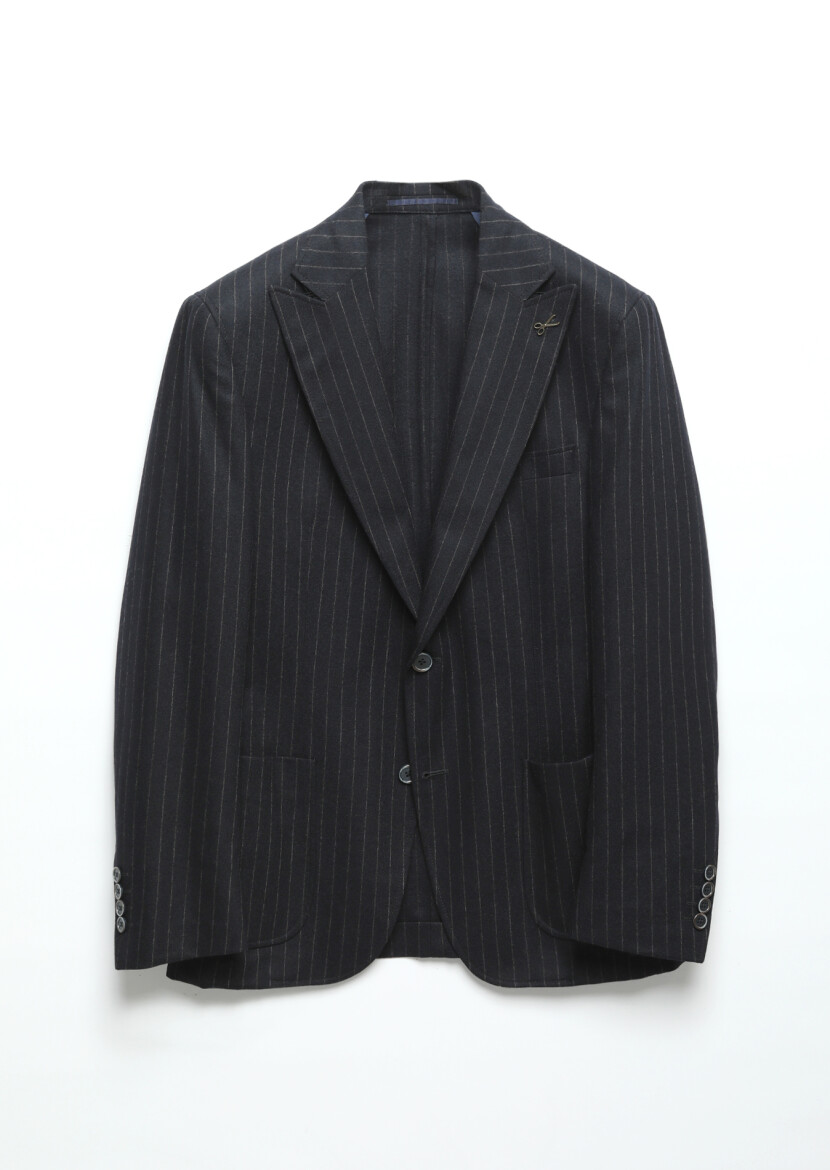 Navy Blue Striped Zeroweight Slim Fit Wool Blended Jacket - 7