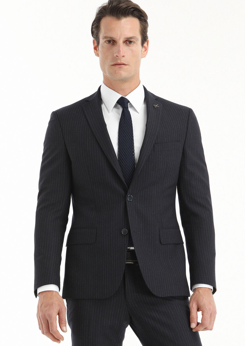 Navy Blue Striped Zeroweight Slim Fit Wool Blended Suit - 2
