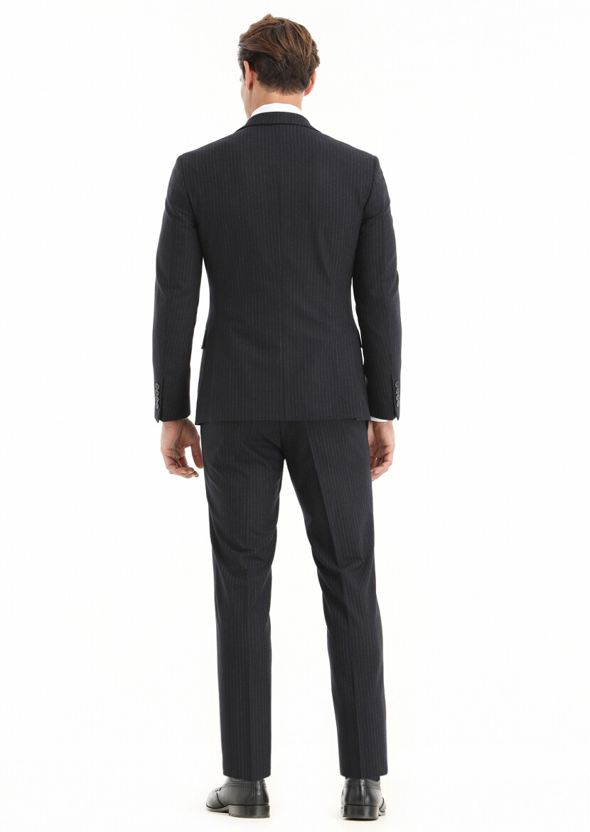 Navy Blue Striped Zeroweight Slim Fit Wool Blended Suit - 4