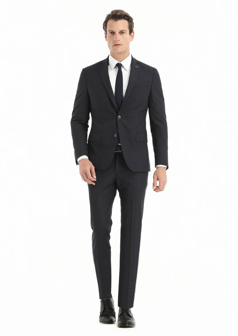 Navy Blue Striped Zeroweight Slim Fit Wool Blended Suit - 4
