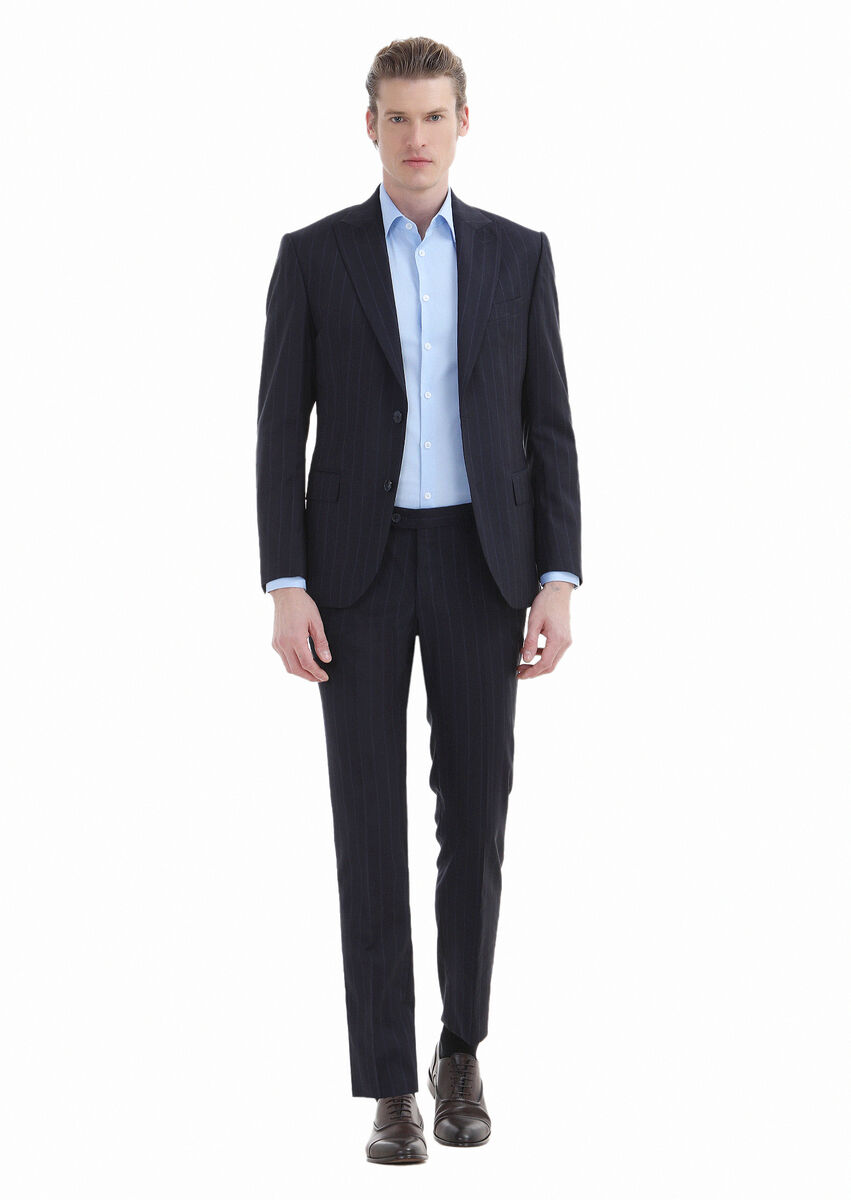 Navy Blue Striped Zeroweight Slim Fit Wool Blended Suit - 1