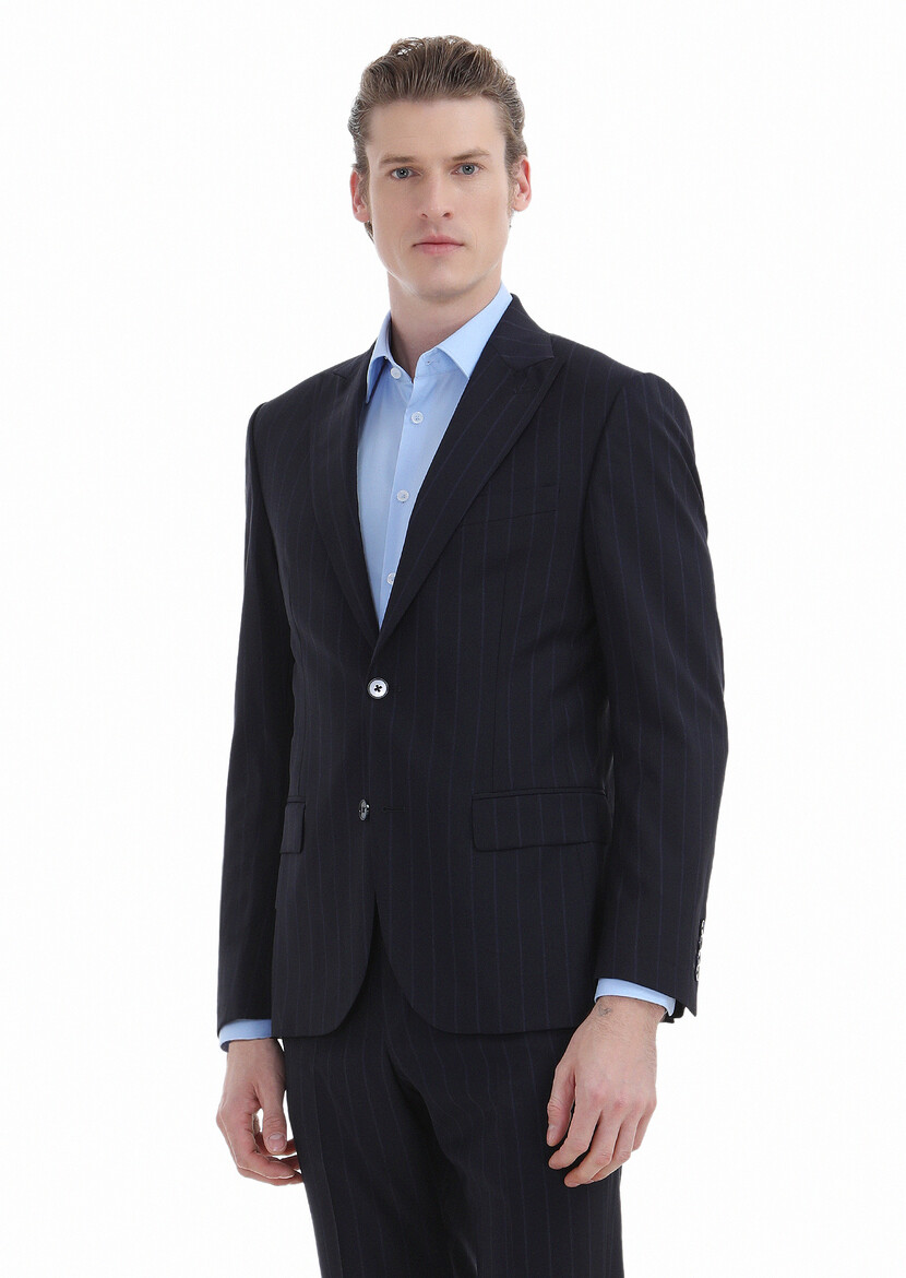 Navy Blue Striped Zeroweight Slim Fit Wool Blended Suit - 2