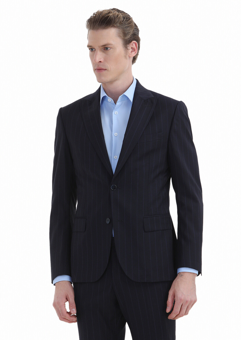 Navy Blue Striped Zeroweight Slim Fit Wool Blended Suit - 3