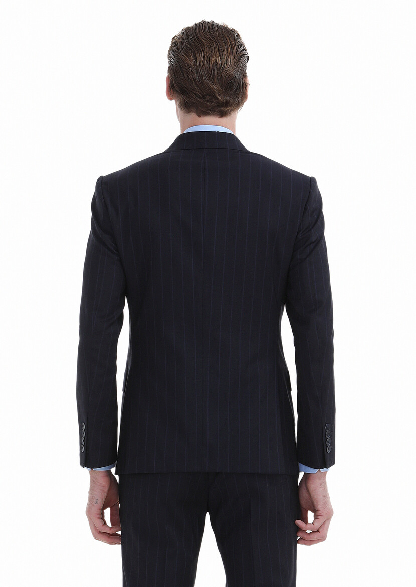 Navy Blue Striped Zeroweight Slim Fit Wool Blended Suit - 6