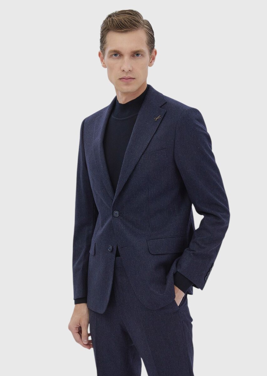 Navy Blue Striped Zeroweight Slim Fit Wool Blended Suit - 1