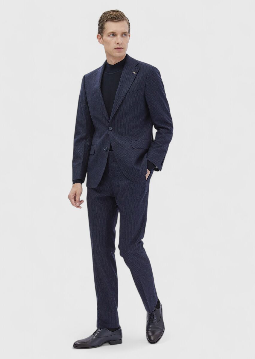 Navy Blue Striped Zeroweight Slim Fit Wool Blended Suit - 2