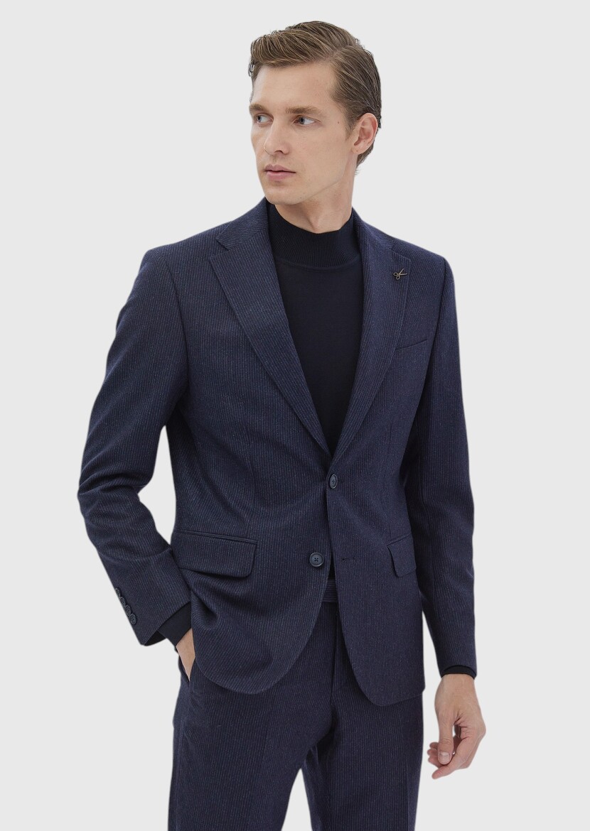 Navy Blue Striped Zeroweight Slim Fit Wool Blended Suit - 3