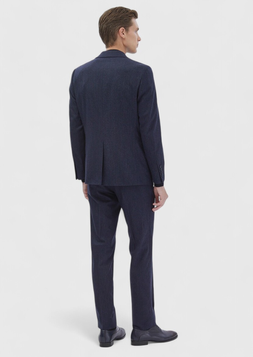 Navy Blue Striped Zeroweight Slim Fit Wool Blended Suit - 6