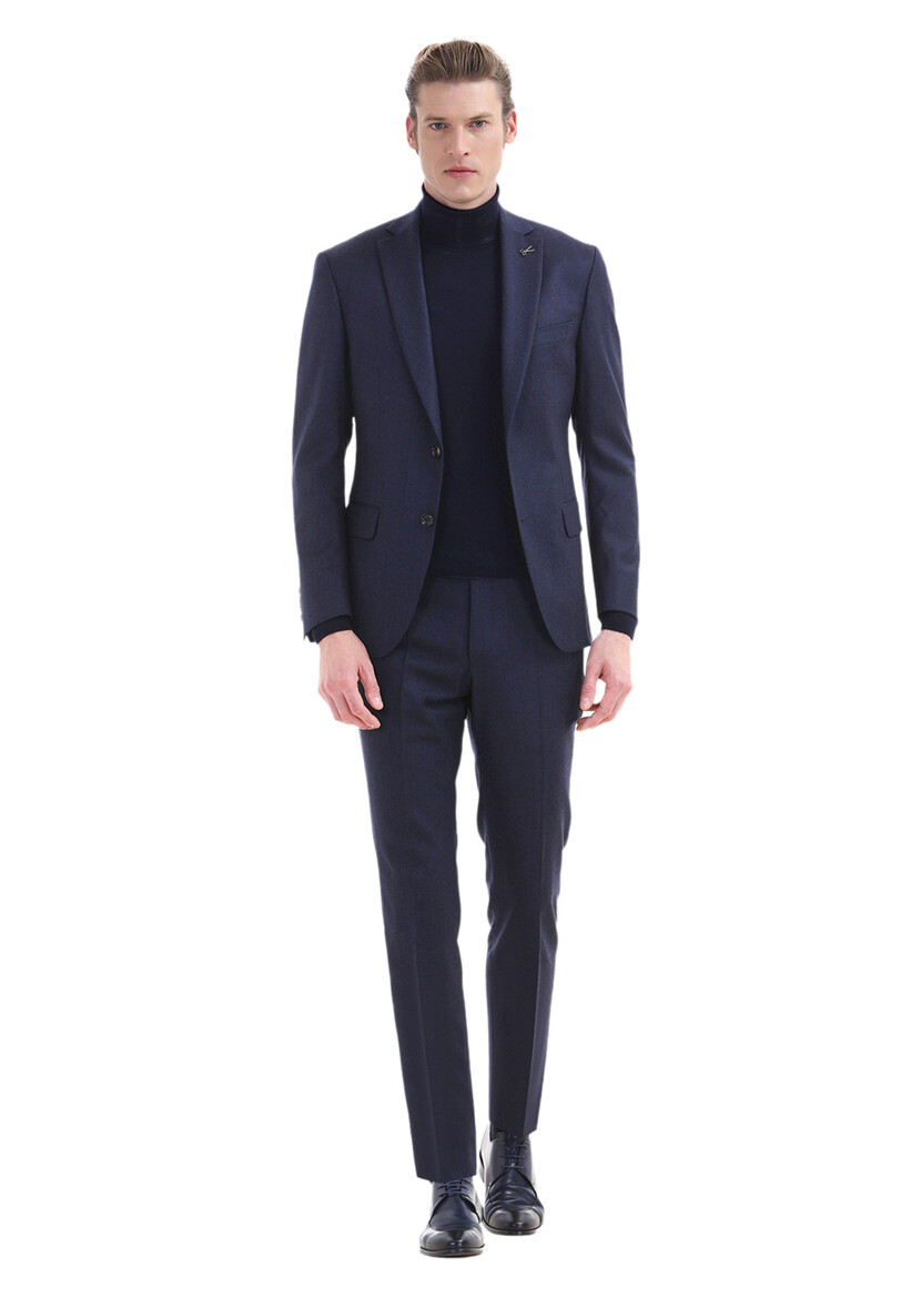 Navy Blue Striped Zeroweight Slim Fit Wool Blended Suit - 2