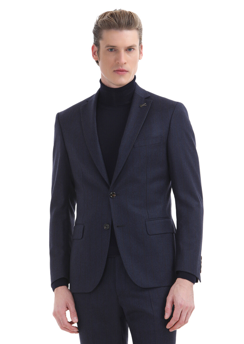 Navy Blue Striped Zeroweight Slim Fit Wool Blended Suit - 4