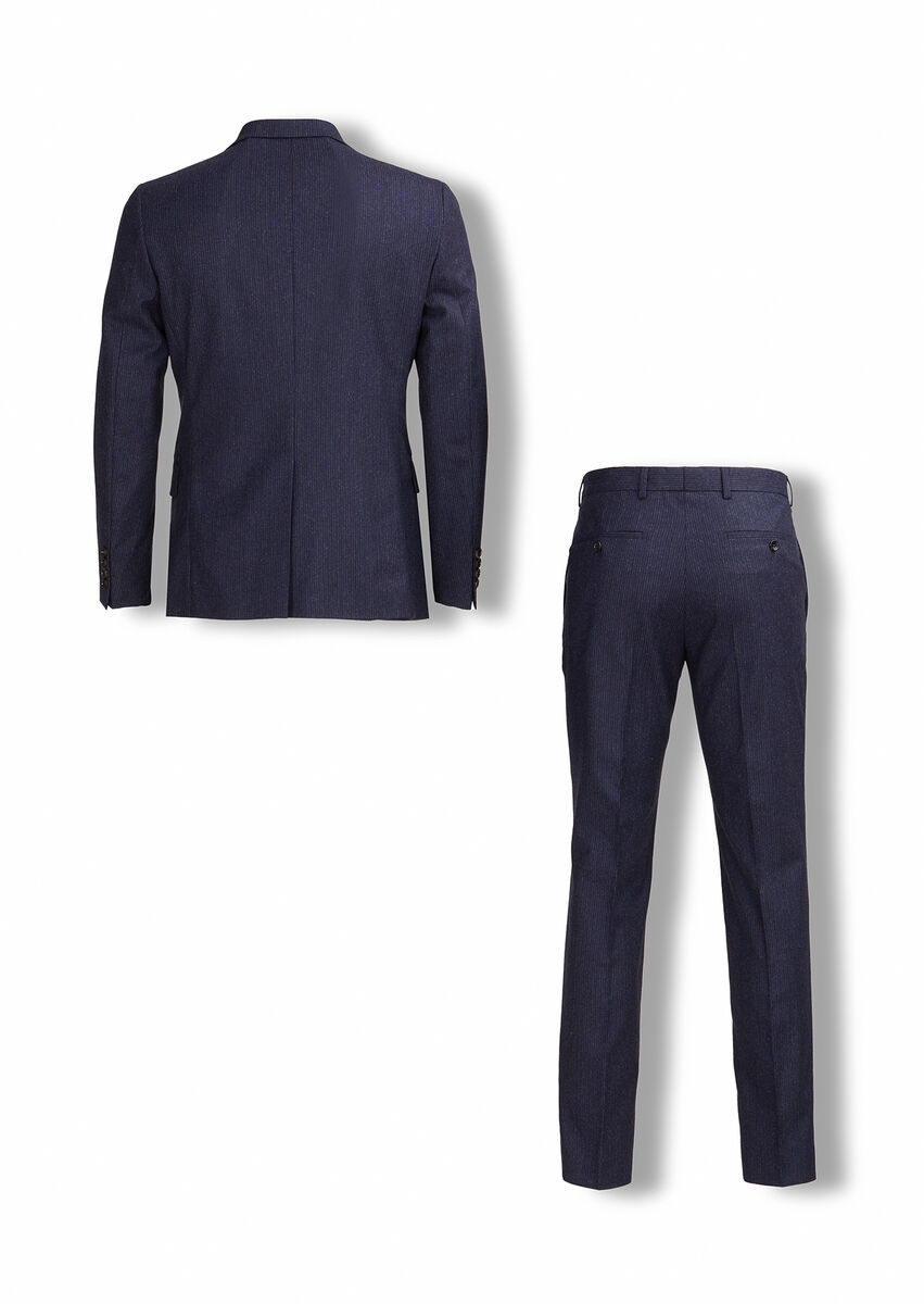 Navy Blue Striped Zeroweight Slim Fit Wool Blended Suit - 6