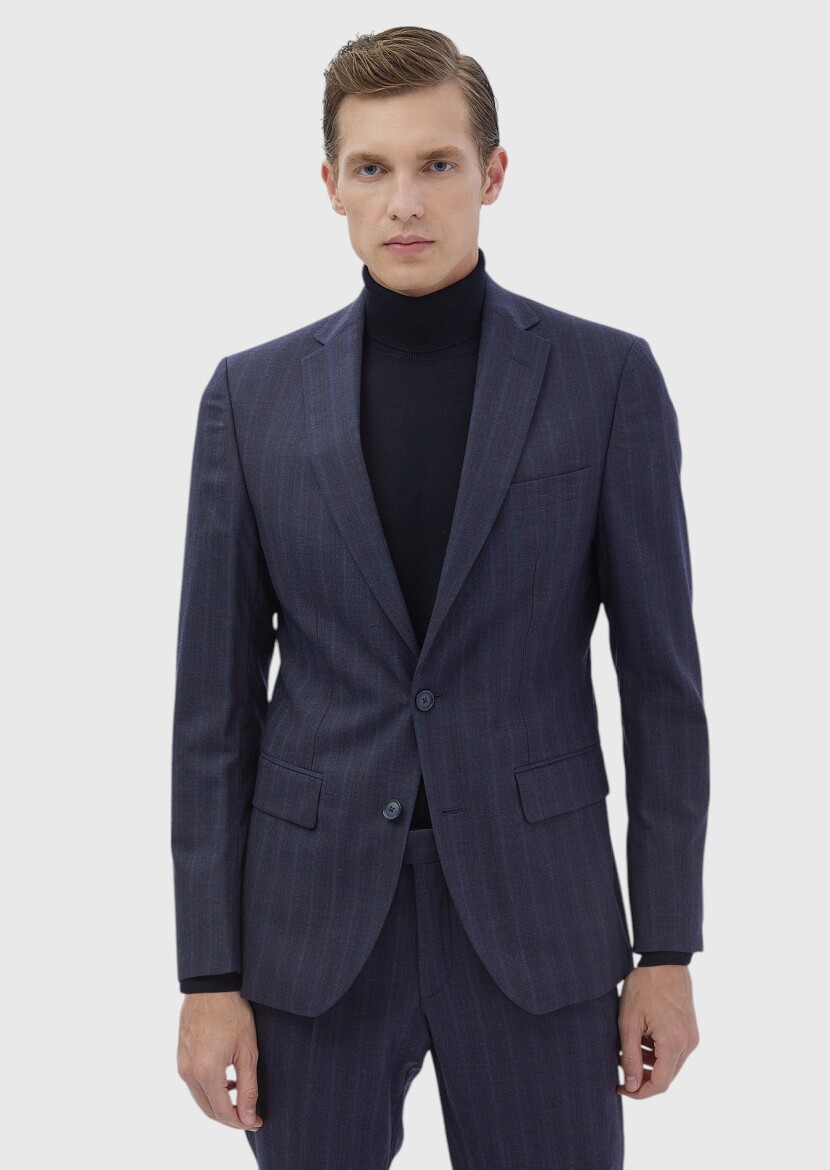 Navy Blue Striped Zeroweight Slim Fit Wool Blended Suit - 1