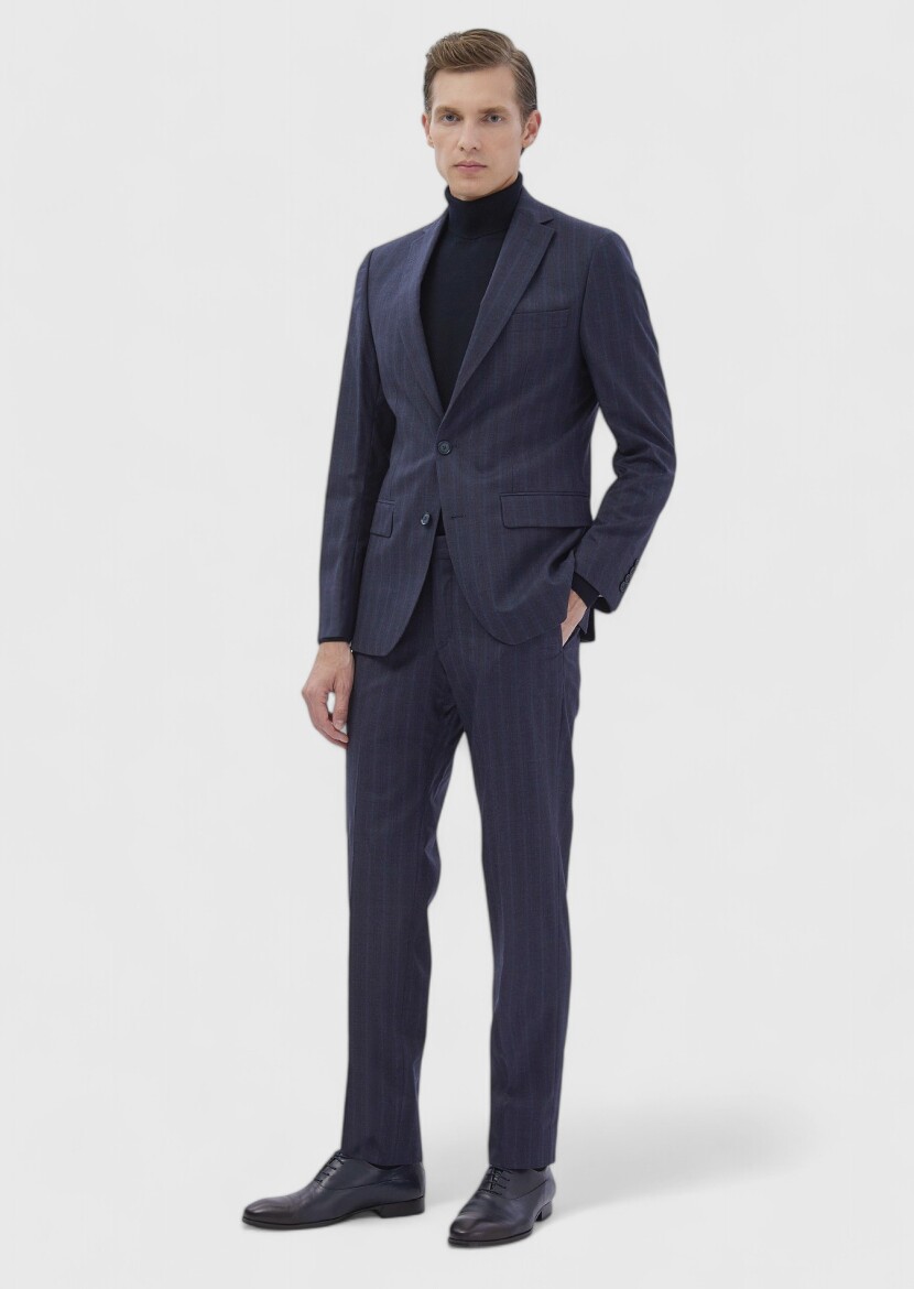 Navy Blue Striped Zeroweight Slim Fit Wool Blended Suit - 2