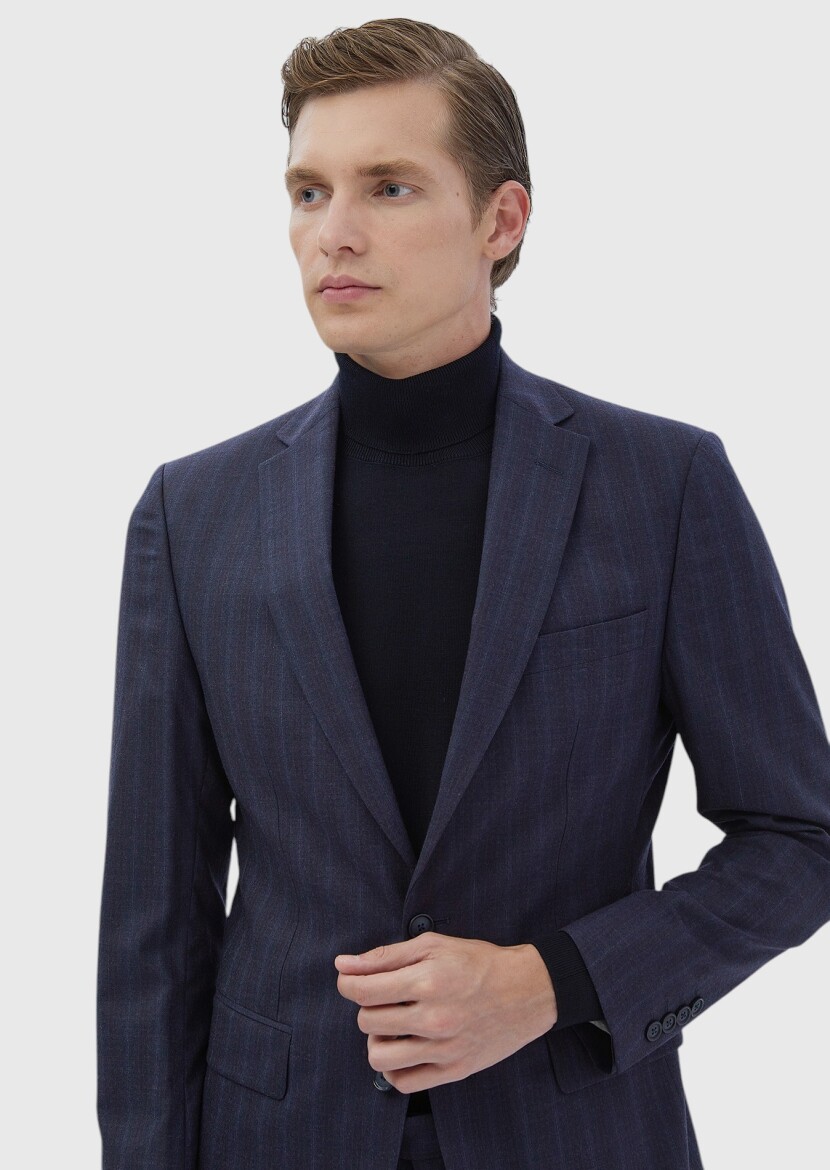 Navy Blue Striped Zeroweight Slim Fit Wool Blended Suit - 3