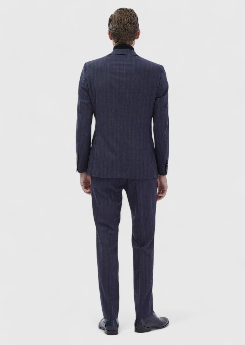 Navy Blue Striped Zeroweight Slim Fit Wool Blended Suit - 6