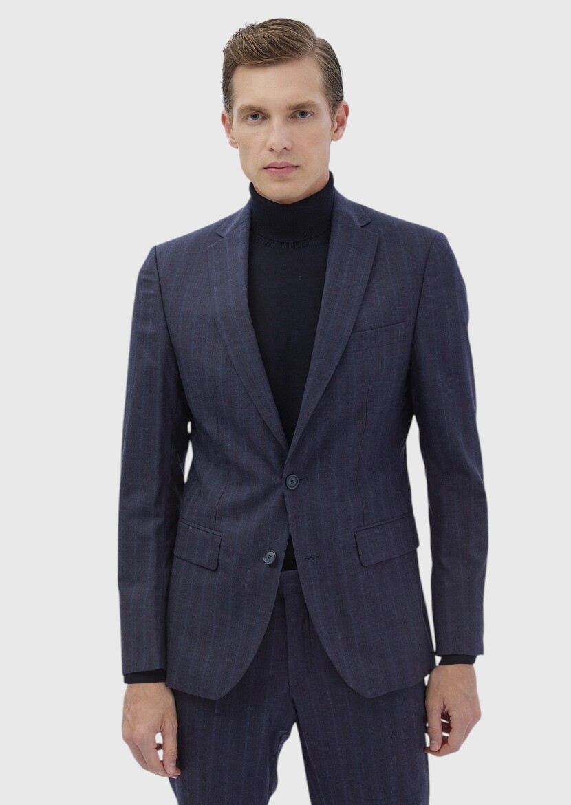 Navy Blue Striped Zeroweight Slim Fit Wool Blended Suit 