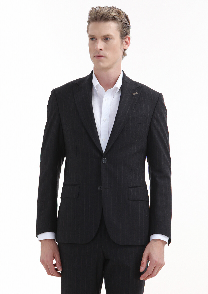Navy Blue Striped Zeroweight Slim Fit Wool Blended Suit - 2