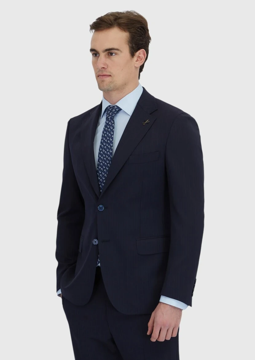 Navy Blue Striped Zeroweight Slim Fit Wool Blended Suit - 3