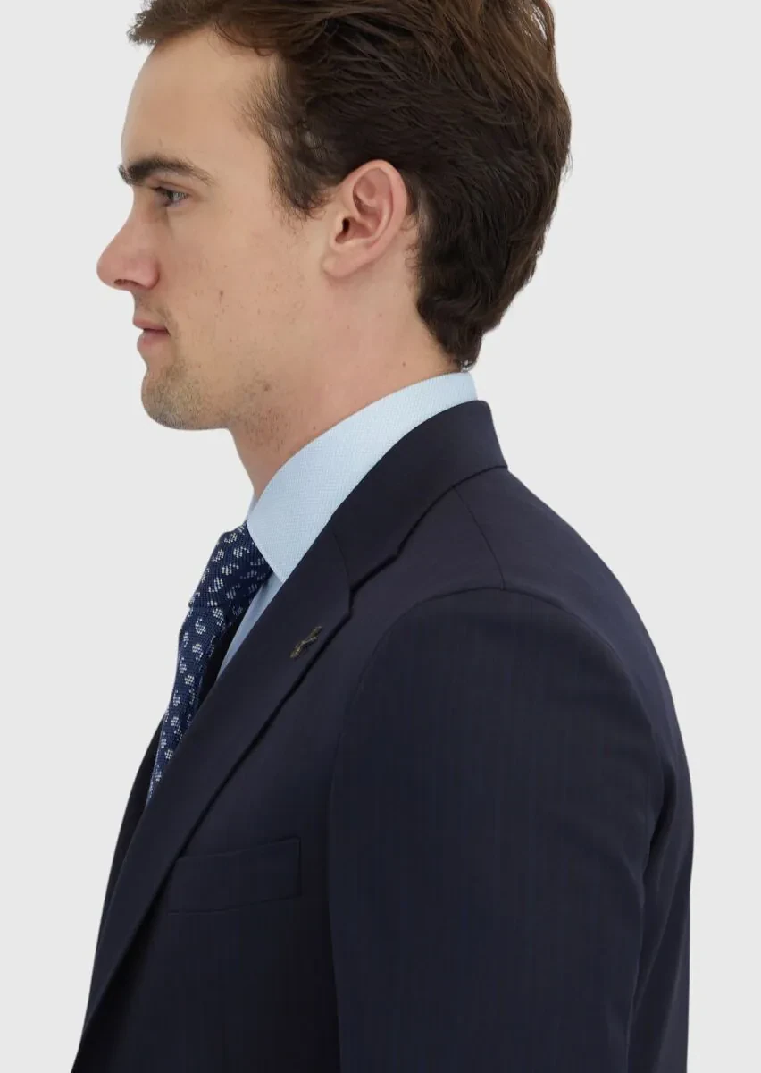 Navy Blue Striped Zeroweight Slim Fit Wool Blended Suit - 5