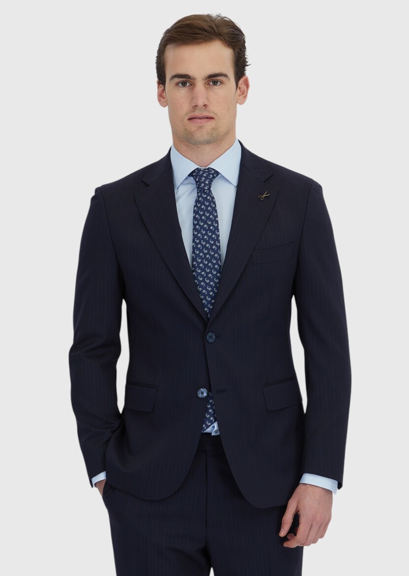 Navy Blue Striped Zeroweight Slim Fit Wool Blended Suit - RAMSEY