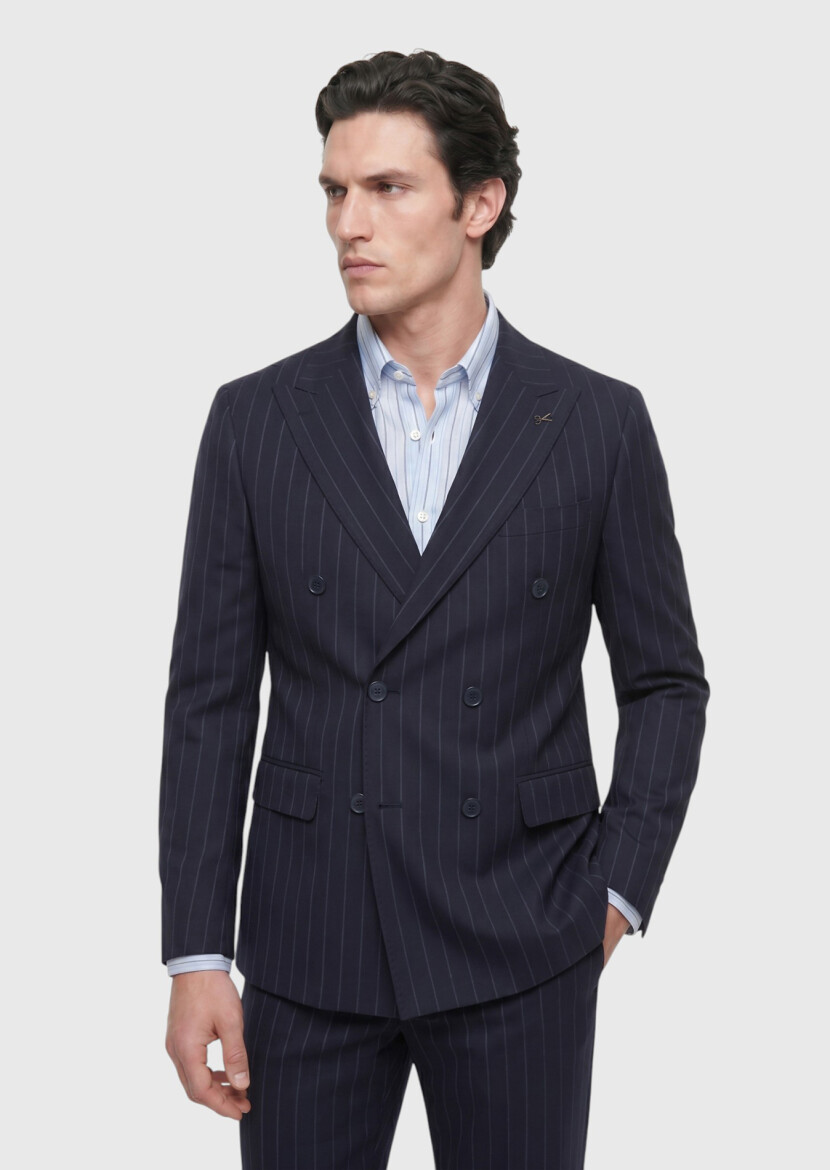 Navy Blue Striped Zeroweight Slim Fit Wool Blended Suit - RAMSEY