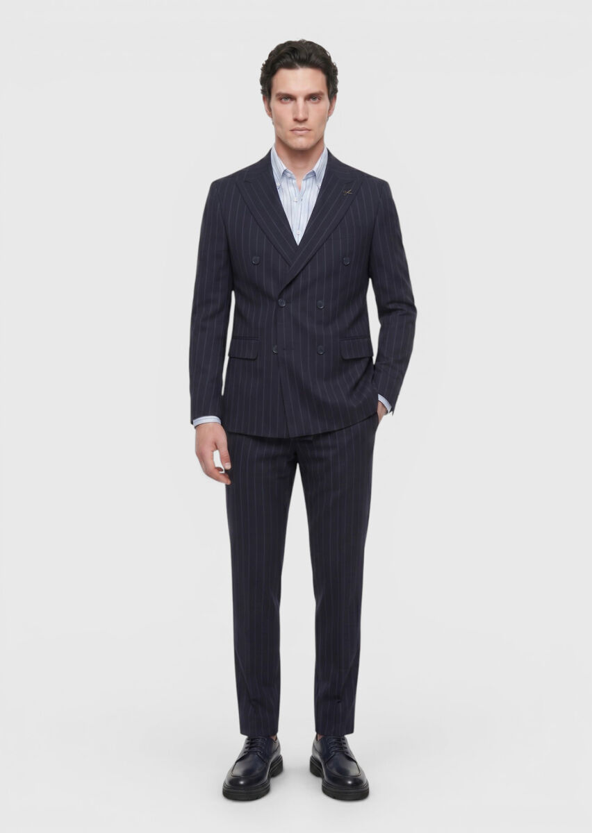 Navy Blue Striped Zeroweight Slim Fit Wool Blended Suit - 2