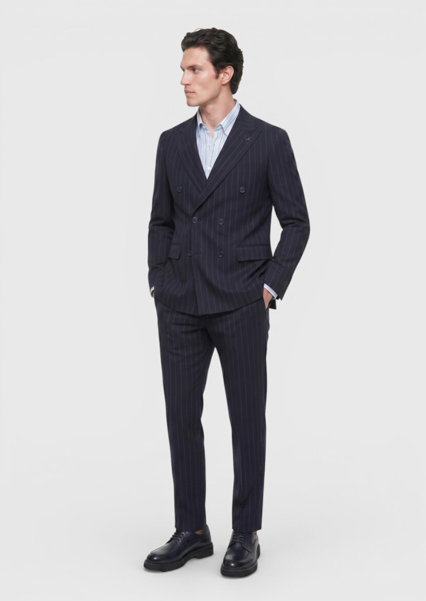 Navy Blue Striped Zeroweight Slim Fit Wool Blended Suit - 3