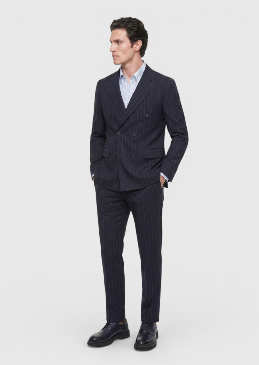 Navy Blue Striped Zeroweight Slim Fit Wool Blended Suit - 3