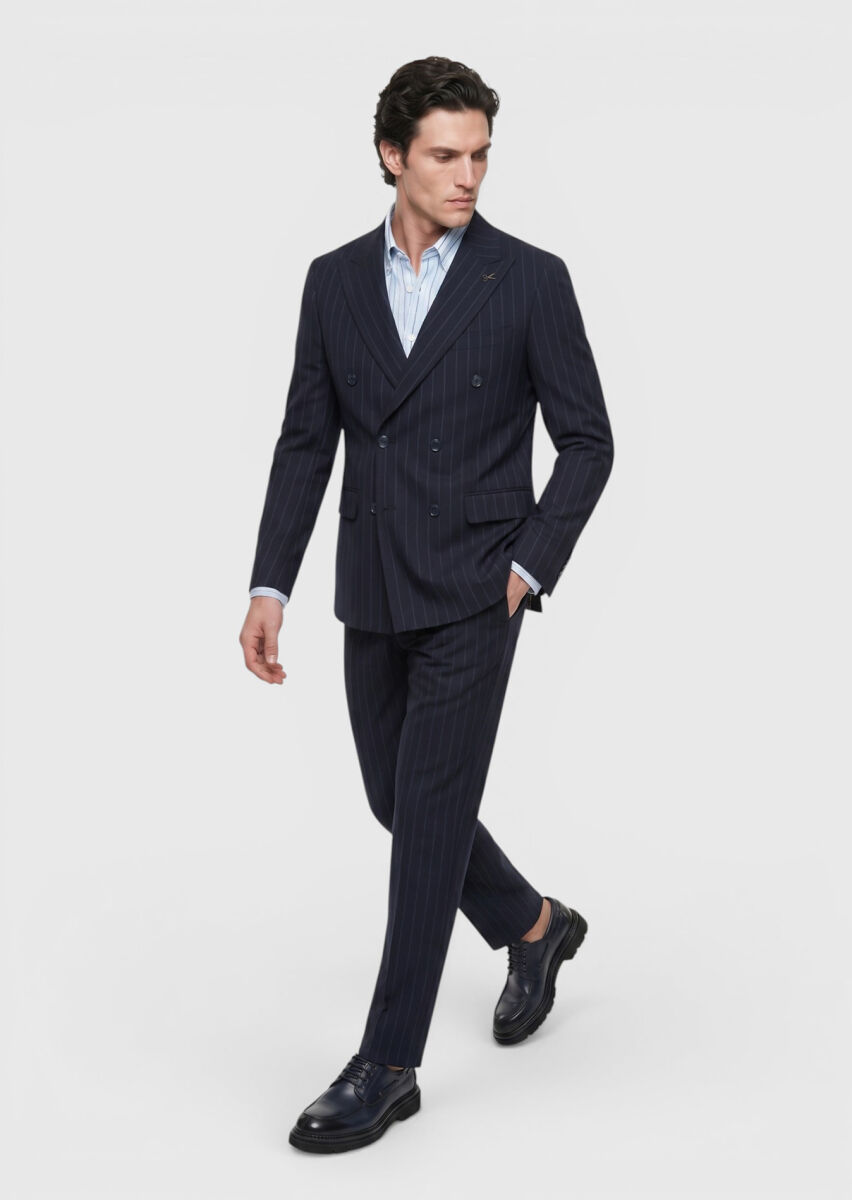 Navy Blue Striped Zeroweight Slim Fit Wool Blended Suit - 4